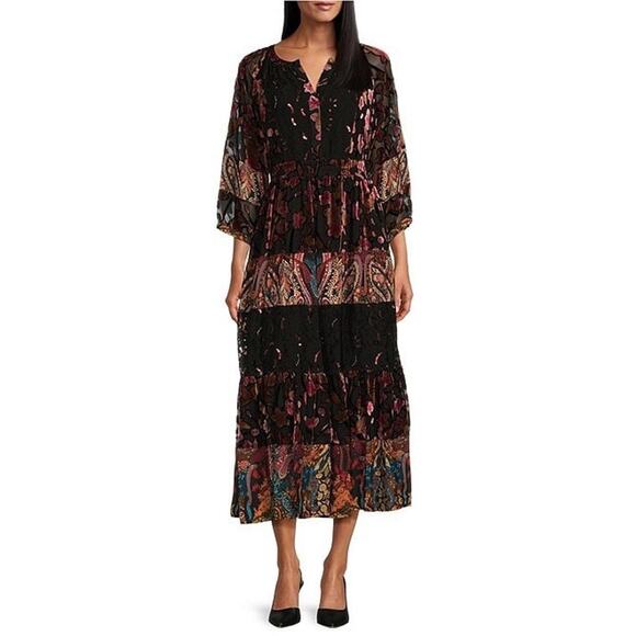 John Mark Maxi Dress Paisley Black Burnout Velvet Whimsigoth Dark Fairy NWT M - Picture 1 of 7